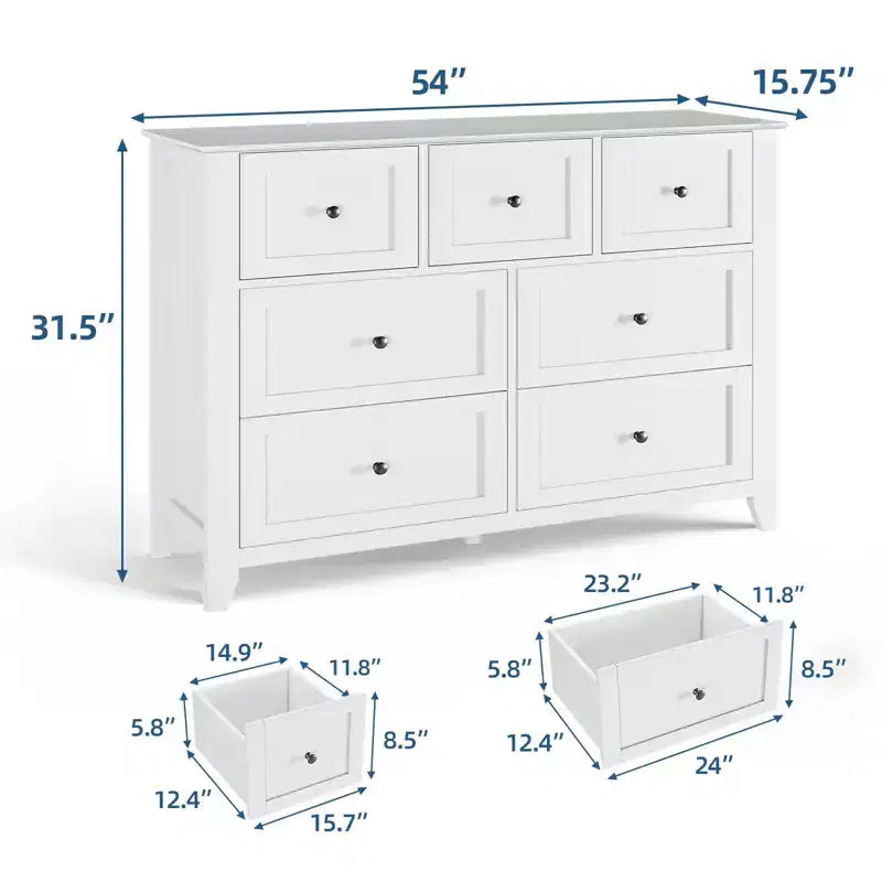 Commode à 7 tiroirs pour chambre à coucher, commode en bois de 54 po de largeur avec poignées métalliques, meuble TV, organisateur de rangement de vêtements pour chambre à coucher, couloir