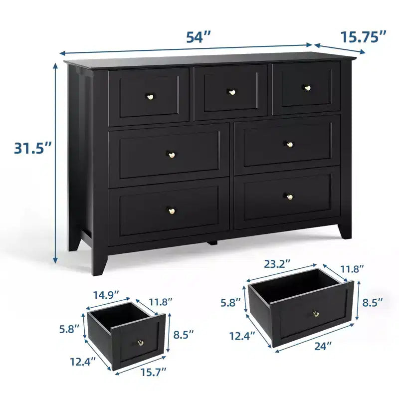 Commode à 7 tiroirs pour chambre à coucher, commode en bois de 54 po de largeur avec poignées métalliques, meuble TV, organisateur de rangement de vêtements pour chambre à coucher, couloir