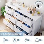 Commode à 7 tiroirs pour chambre à coucher, commode en bois de 54 po de largeur avec poignées métalliques, meuble TV, organisateur de rangement de vêtements pour chambre à coucher, couloir