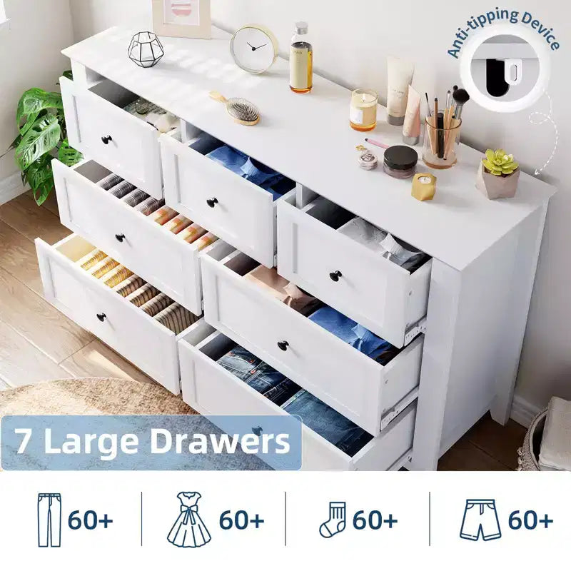 Commode à 7 tiroirs pour chambre à coucher, commode en bois de 54 po de largeur avec poignées métalliques, meuble TV, organisateur de rangement de vêtements pour chambre à coucher, couloir