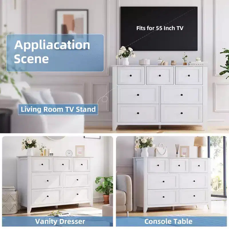 Commode à 7 tiroirs pour chambre à coucher, commode en bois de 54 po de largeur avec poignées métalliques, meuble TV, organisateur de rangement de vêtements pour chambre à coucher, couloir