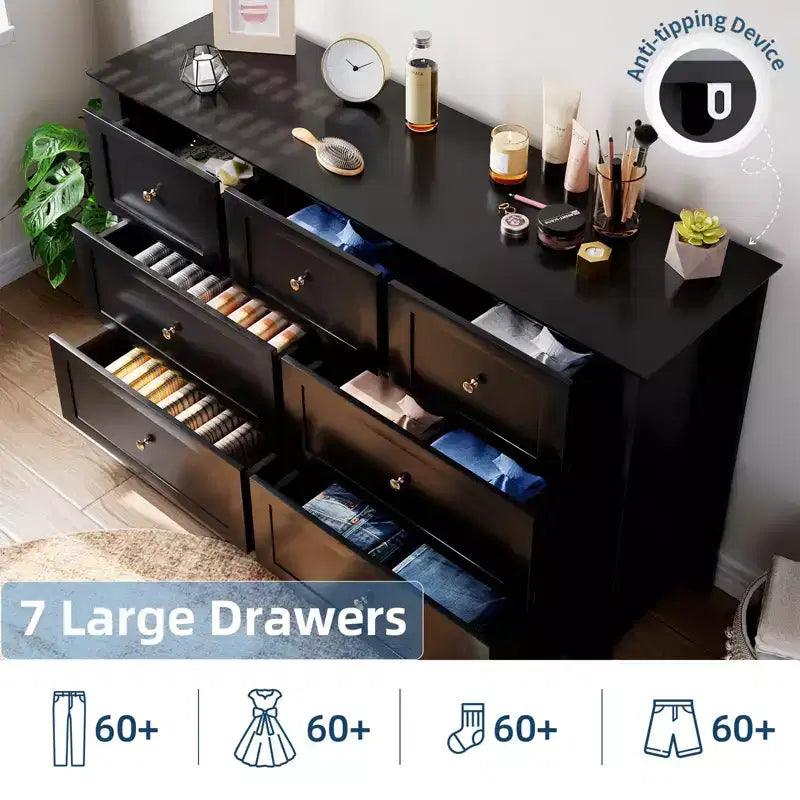 Commode à 7 tiroirs pour chambre à coucher, commode en bois de 54 po de largeur avec poignées métalliques, meuble TV, organisateur de rangement de vêtements pour chambre à coucher, couloir