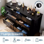 Commode à 7 tiroirs pour chambre à coucher, commode en bois de 54 po de largeur avec poignées métalliques, meuble TV, organisateur de rangement de vêtements pour chambre à coucher, couloir