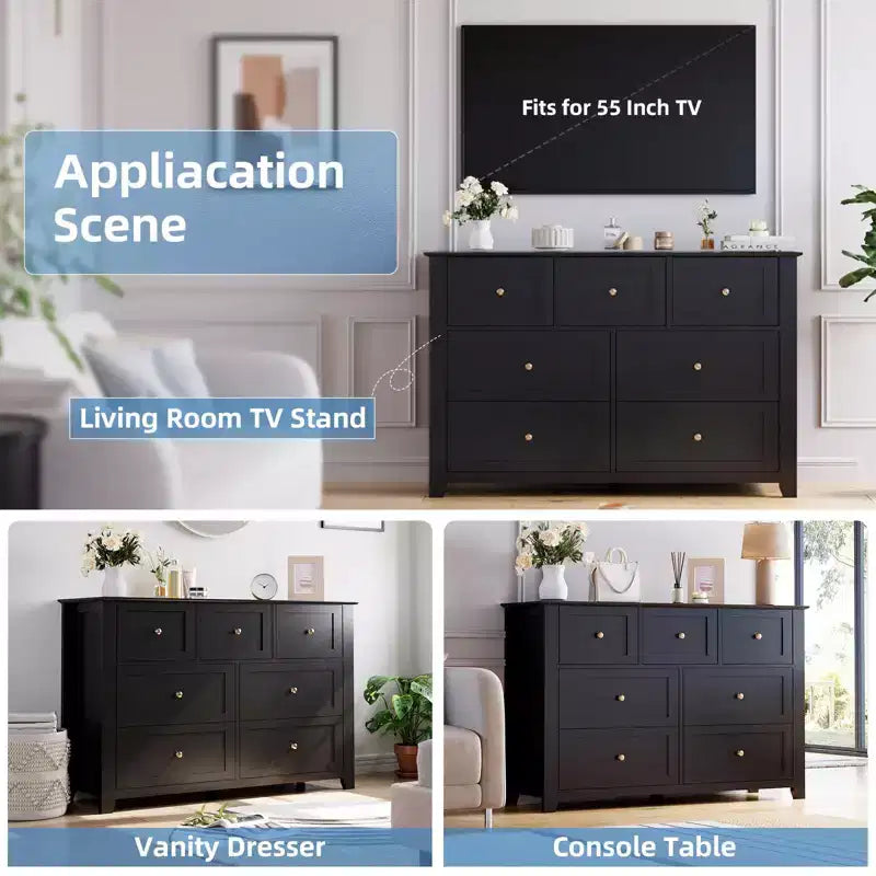 Commode à 7 tiroirs pour chambre à coucher, commode en bois de 54 po de largeur avec poignées métalliques, meuble TV, organisateur de rangement de vêtements pour chambre à coucher, couloir