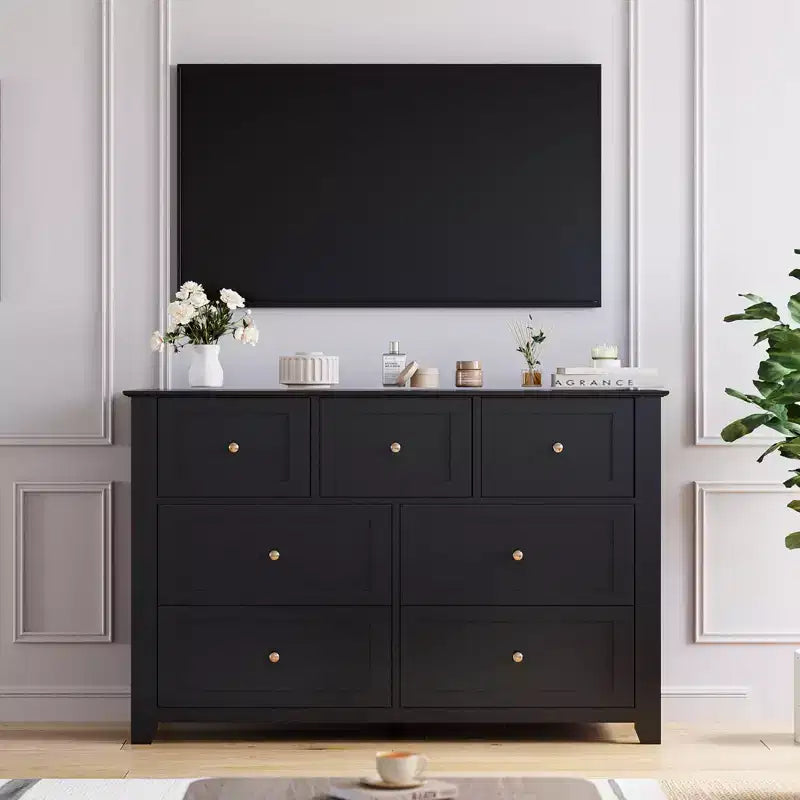Commode à 7 tiroirs pour chambre à coucher, commode en bois de 54 po de largeur avec poignées métalliques, meuble TV, organisateur de rangement de vêtements pour chambre à coucher, couloir