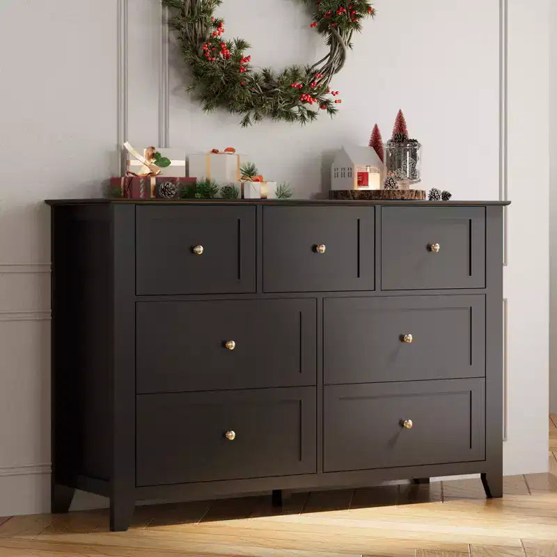Commode à 7 tiroirs pour chambre à coucher, commode en bois de 54 po de largeur avec poignées métalliques, meuble TV, organisateur de rangement de vêtements pour chambre à coucher, couloir
