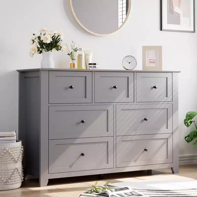 Commode à 7 tiroirs pour chambre à coucher, commode en bois de 54 po de largeur avec poignées métalliques, meuble TV, organisateur de rangement de vêtements pour chambre à coucher, couloir