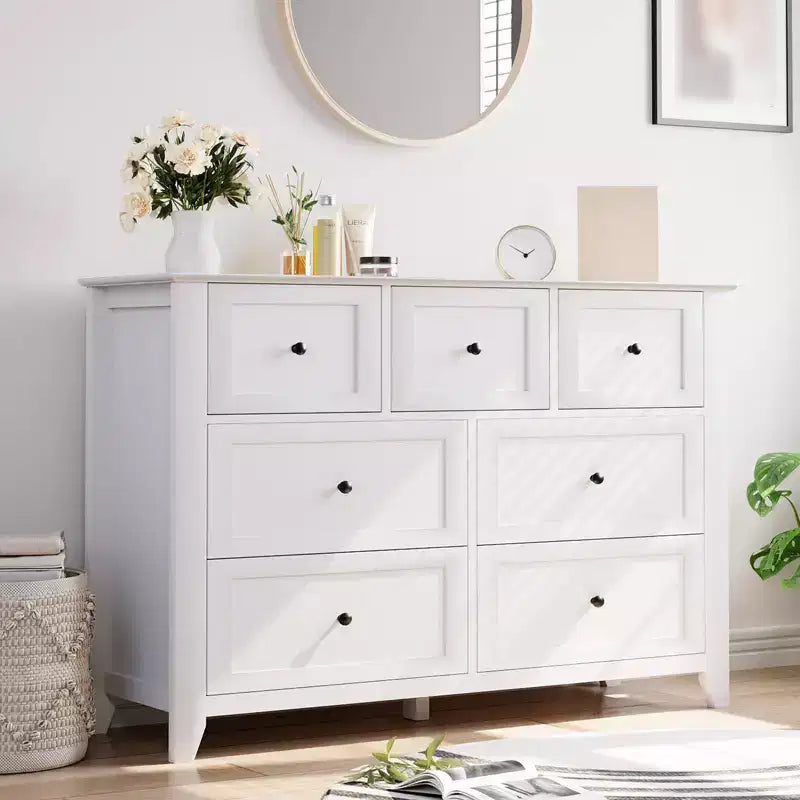 Commode à 7 tiroirs pour chambre à coucher, commode en bois de 54 po de largeur avec poignées métalliques, meuble TV, organisateur de rangement de vêtements pour chambre à coucher, couloir