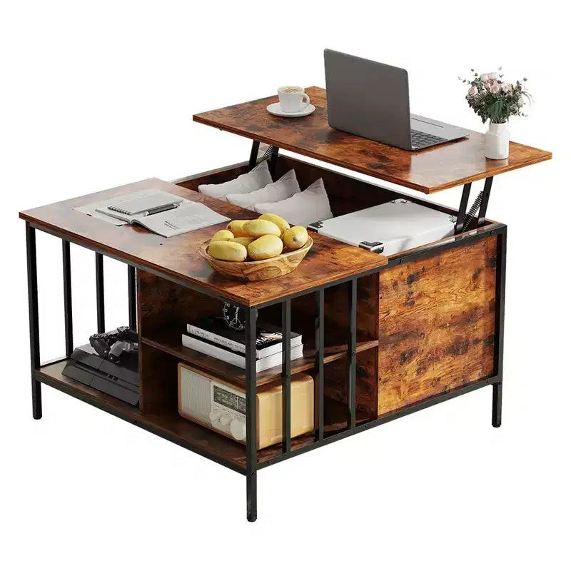 VIYET 32H Farmhouse Lift Top Coffee Table,Adjustable Height(20.3-25.6)with Hidden Compartment&3 Shelves,110LBS Capacity for Living Room