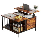 VIYET 32H Farmhouse Lift Top Coffee Table,Adjustable Height(20.3-25.6)with Hidden Compartment&3 Shelves,110LBS Capacity for Living Room