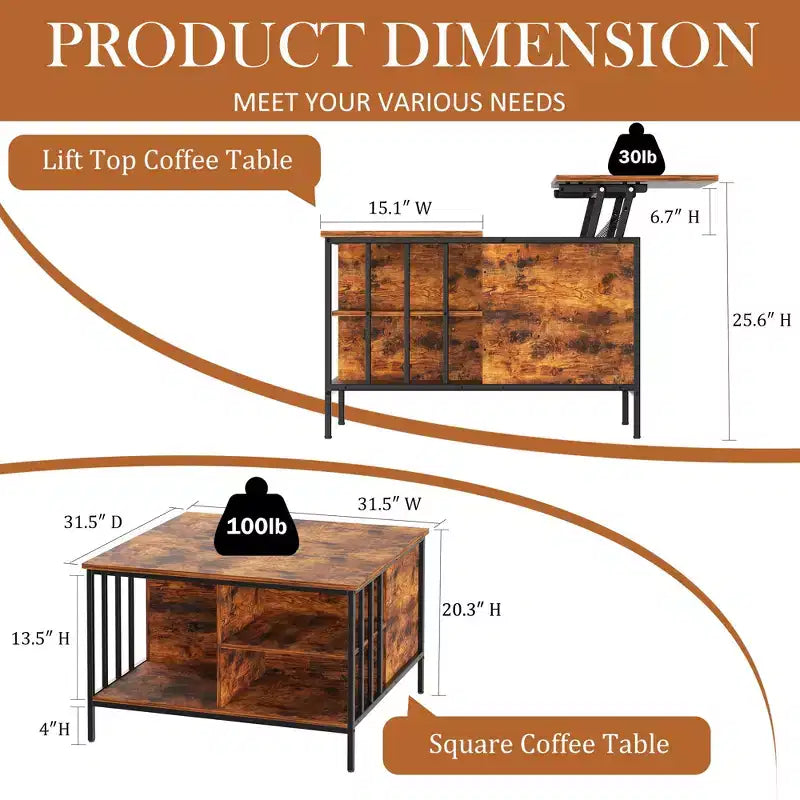 Table basse de salon relevable, 81 cm de haut, à hauteur réglable (51,6-65 cm) avec compartiment caché et 3 étagères, capacité de 50 kg