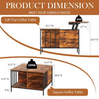 Table basse de salon relevable, 81 cm de haut, à hauteur réglable (51,6-65 cm) avec compartiment caché et 3 étagères, capacité de 50 kg
