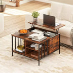 Table basse de salon relevable, 81 cm de haut, à hauteur réglable (51,6-65 cm) avec compartiment caché et 3 étagères, capacité de 50 kg
