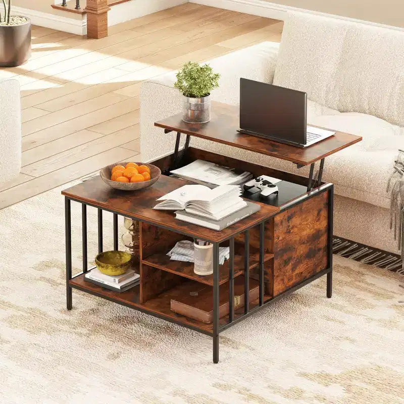 Table basse de salon relevable, 81 cm de haut, à hauteur réglable (51,6-65 cm) avec compartiment caché et 3 étagères, capacité de 50 kg