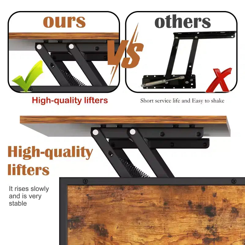 Table basse de salon relevable, 81 cm de haut, à hauteur réglable (51,6-65 cm) avec compartiment caché et 3 étagères, capacité de 50 kg