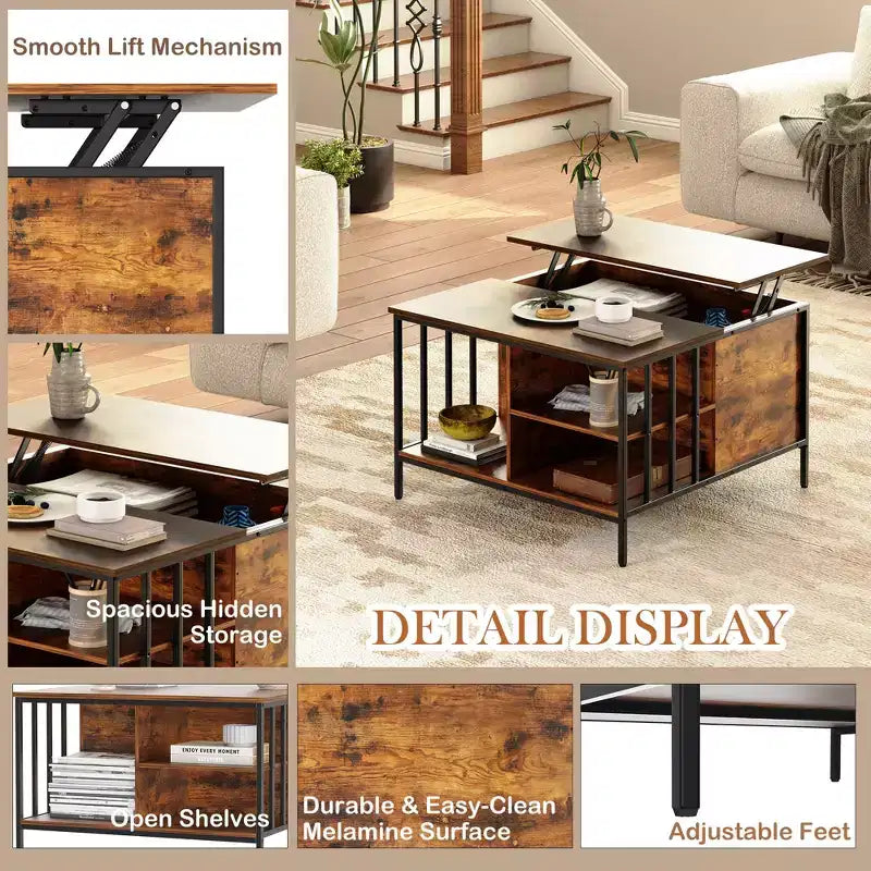 Table basse de salon relevable, 81 cm de haut, à hauteur réglable (51,6-65 cm) avec compartiment caché et 3 étagères, capacité de 50 kg