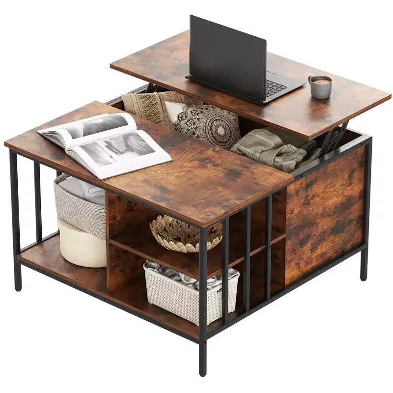 Table basse de salon relevable, 81 cm de haut, à hauteur réglable (51,6-65 cm) avec compartiment caché et 3 étagères, capacité de 50 kg