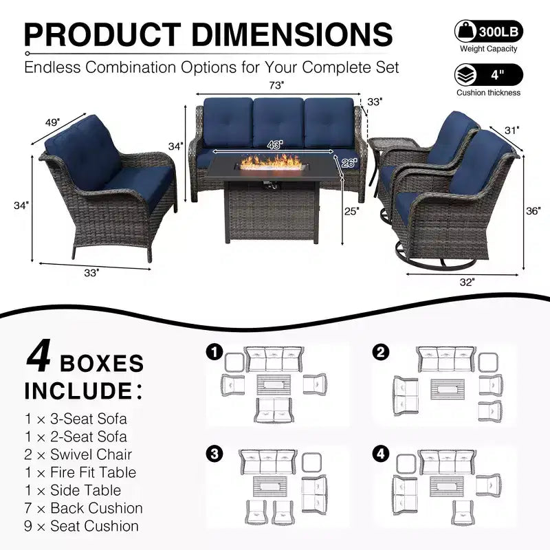 Ensemble d'extérieur premium 7 pièces UPTIOT avec table brasero 2-en-1, canapé 3 places, 2 fauteuils pivotants et banquette double