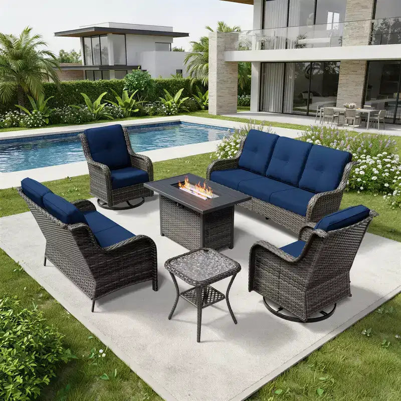 Ensemble d'extérieur premium 7 pièces UPTIOT avec table brasero 2-en-1, canapé 3 places, 2 fauteuils pivotants et banquette double