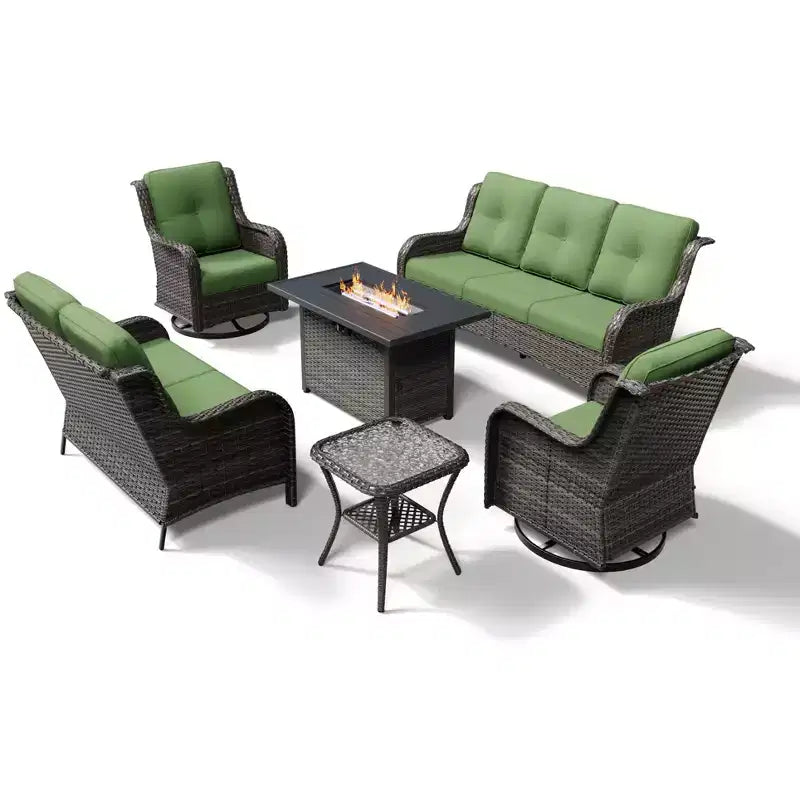 Ensemble d'extérieur premium 7 pièces UPTIOT avec table brasero 2-en-1, canapé 3 places, 2 fauteuils pivotants et banquette double