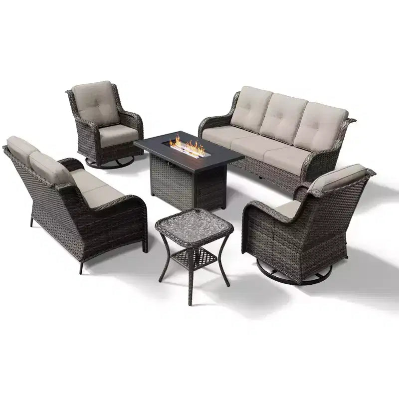 Ensemble d'extérieur premium 7 pièces UPTIOT avec table brasero 2-en-1, canapé 3 places, 2 fauteuils pivotants et banquette double