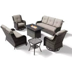 Ensemble d'extérieur premium 7 pièces UPTIOT avec table brasero 2-en-1, canapé 3 places, 2 fauteuils pivotants et banquette double