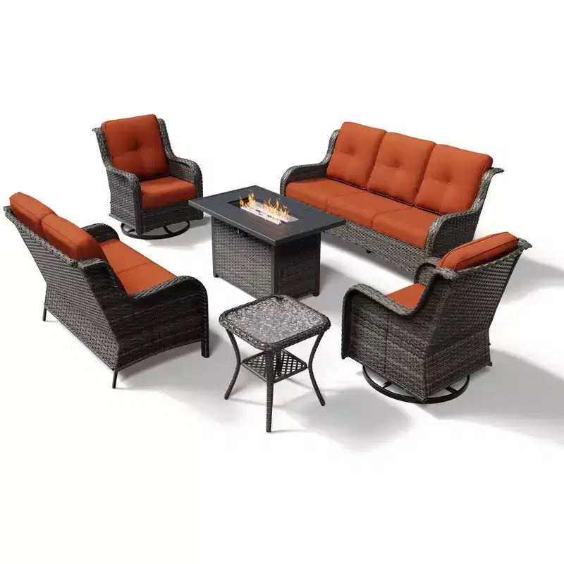 Ensemble d'extérieur premium 7 pièces UPTIOT avec table brasero 2-en-1, canapé 3 places, 2 fauteuils pivotants et banquette double