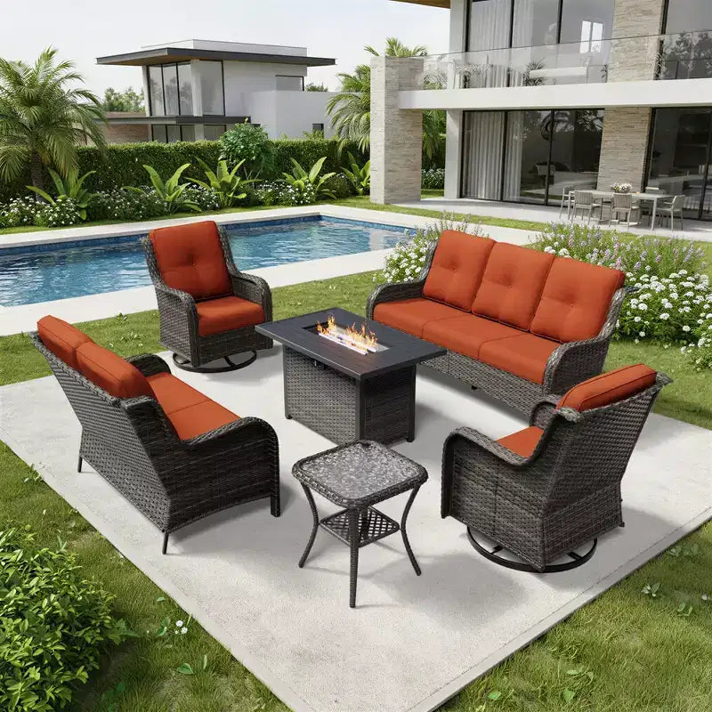 Ensemble d'extérieur premium 7 pièces UPTIOT avec table brasero 2-en-1, canapé 3 places, 2 fauteuils pivotants et banquette double