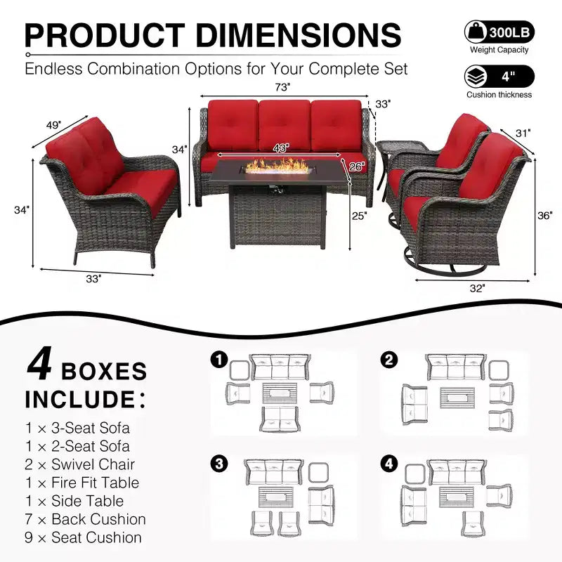 Ensemble d'extérieur premium 7 pièces UPTIOT avec table brasero 2-en-1, canapé 3 places, 2 fauteuils pivotants et banquette double