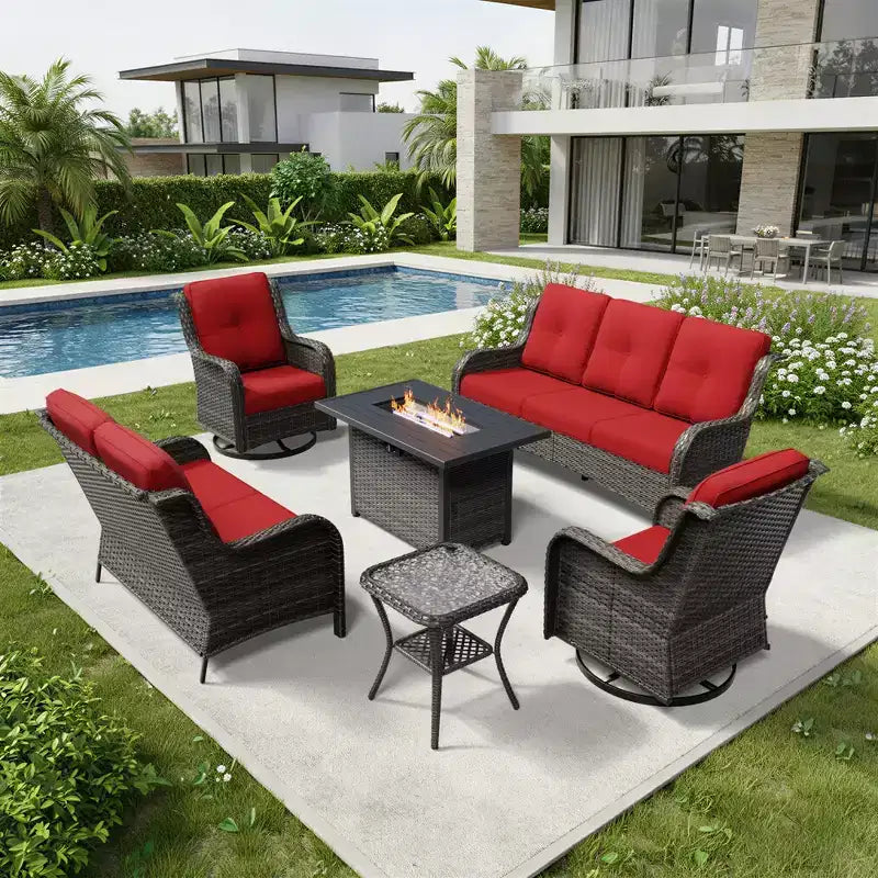 Ensemble d'extérieur premium 7 pièces UPTIOT avec table brasero 2-en-1, canapé 3 places, 2 fauteuils pivotants et banquette double