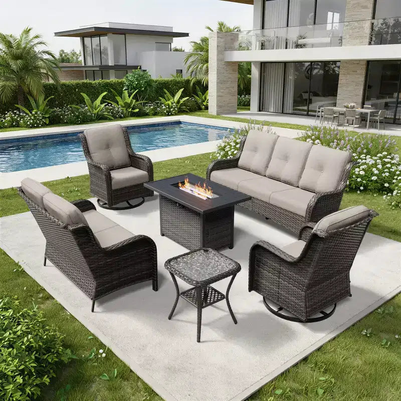 Ensemble d'extérieur premium 7 pièces UPTIOT avec table brasero 2-en-1, canapé 3 places, 2 fauteuils pivotants et banquette double
