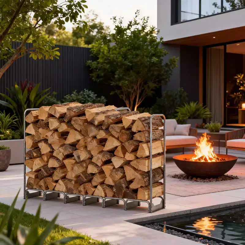 Support de rangement extérieur pour bois de chauffage, support de bûches en acier robuste avec housse imperméable, support de pile de bois pour cheminée, patio, balcon, jardin