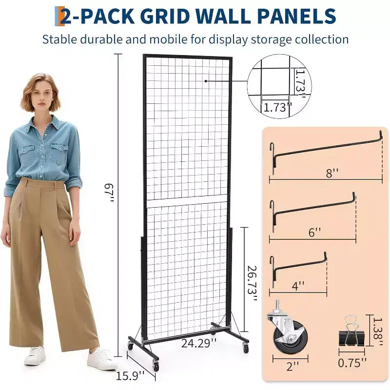 Panneau de présentation mural grillagé mobile noir, base triangulaire en T et crochets supplémentaires, pour la vente au détail et la maison