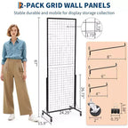 Panneau de présentation mural grillagé mobile noir, base triangulaire en T et crochets supplémentaires, pour la vente au détail et la maison