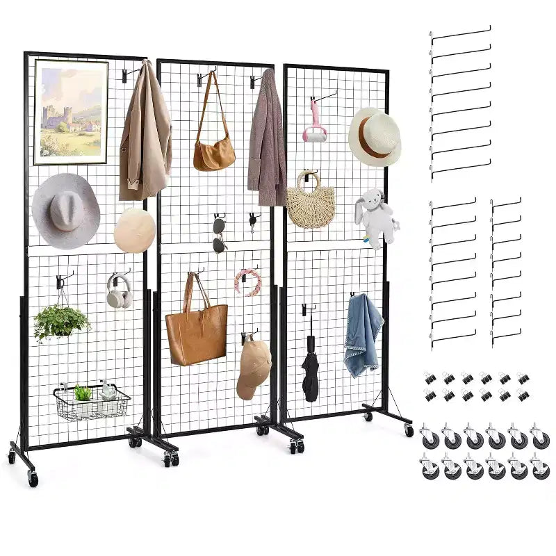 Panneau de présentation mural grillagé mobile noir, base triangulaire en T et crochets supplémentaires, pour la vente au détail et la maison