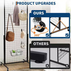 Panneau de présentation mural grillagé mobile noir, base triangulaire en T et crochets supplémentaires, pour la vente au détail et la maison