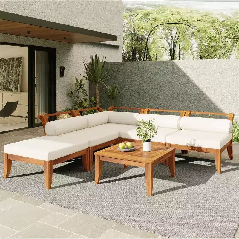 MAYEERTY 6 Pieces Patio Sofa Set Acacia Wood Modular Sectional Garden Furniture with Daybed Tea Table Ottoman 5 Cushions and Pillows Teak & Beige