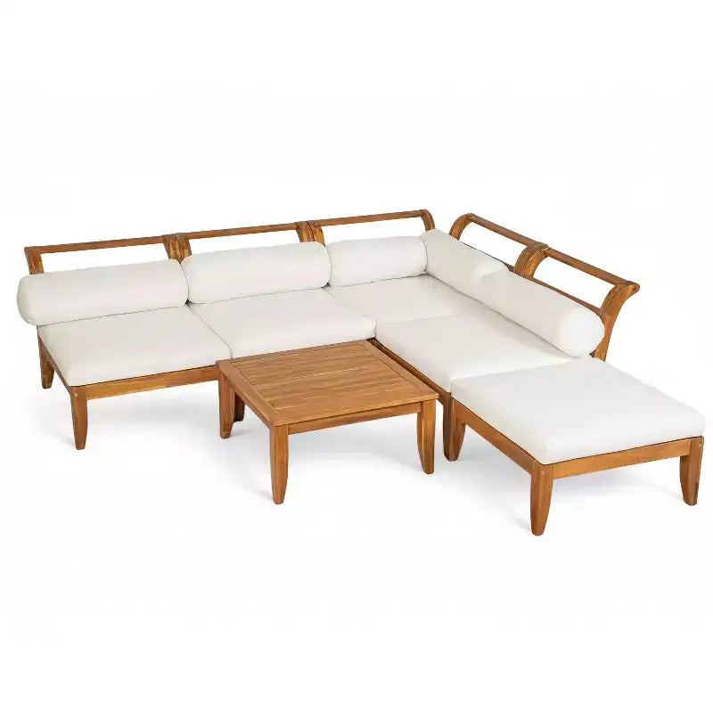 MAYEERTY Ensemble de canapé de patio 6 pièces en bois d'acacia modulaire sectionnel mobilier de jardin avec lit de repos table basse ottoman 5 coussins et oreillers teck et beige