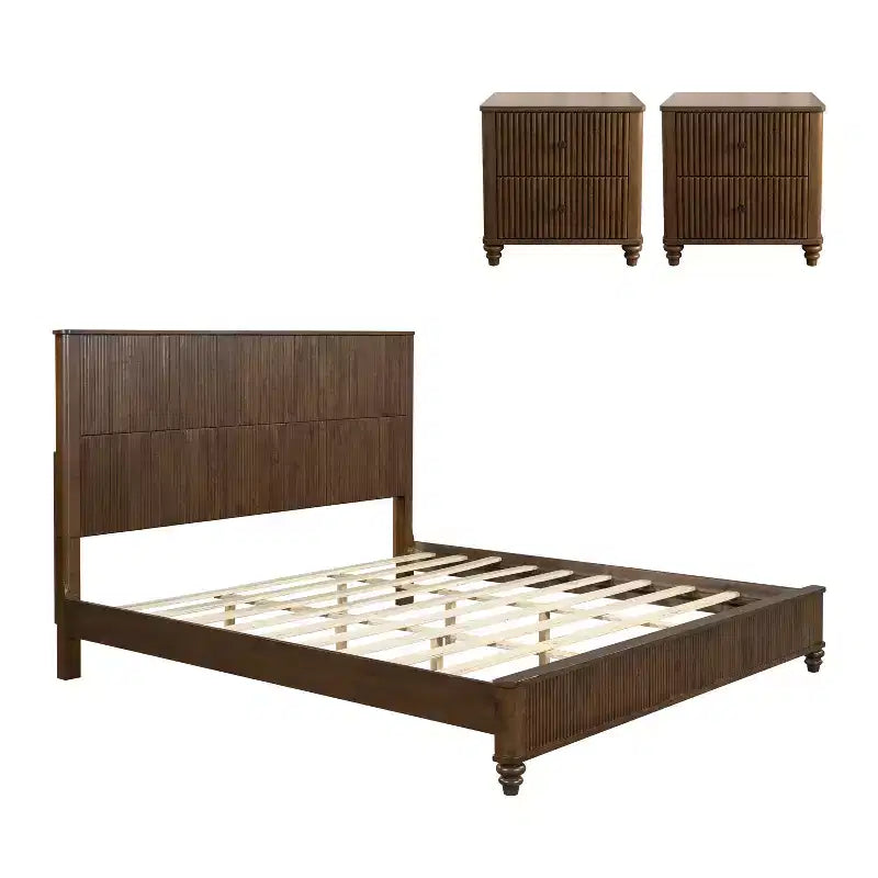 Ensemble de chambre à coucher 3 pièces, lit queen/king size et 2 tables de chevet cannelées avec tiroirs de rangement - ModernLuxe