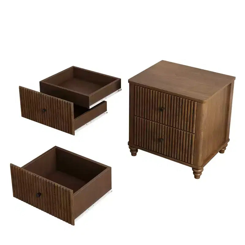 Ensemble de chambre à coucher 3 pièces, lit queen/king size et 2 tables de chevet cannelées avec tiroirs de rangement - ModernLuxe