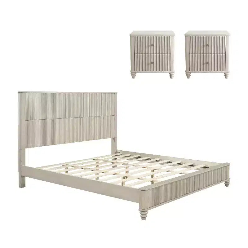 Ensemble de chambre à coucher 3 pièces, lit queen/king size et 2 tables de chevet cannelées avec tiroirs de rangement - ModernLuxe
