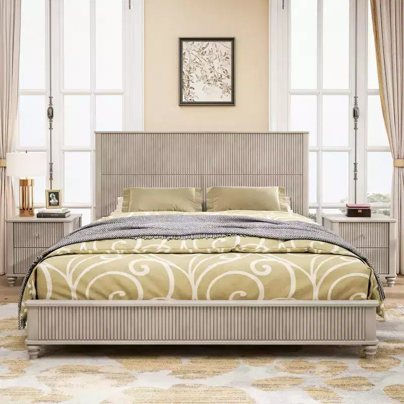 3-Piece Bedroom Set, Queen/King Size Bed Frame & 2 Fluted Nightstands with Storage Drawers - ModernLuxe