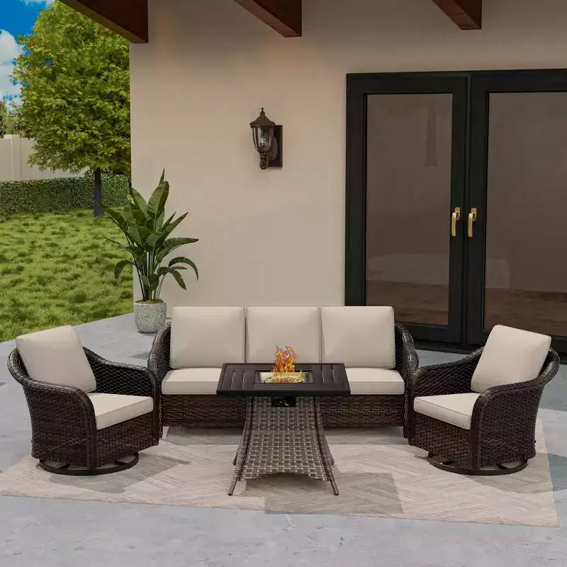 Ensemble de patio extérieur UPTIOT : canapé 3 places, 2 fauteuils pivotants et basculants et foyer de 50 000 BTU pour un confort et une chaleur toutes saisons.