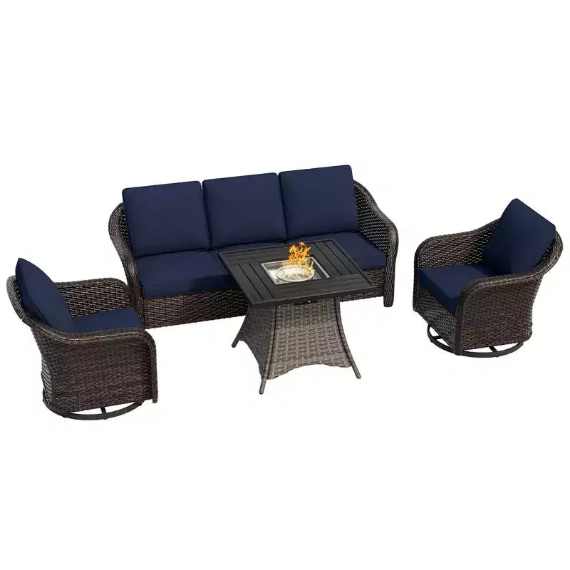 Ensemble de patio extérieur UPTIOT : canapé 3 places, 2 fauteuils pivotants et basculants et foyer de 50 000 BTU pour un confort et une chaleur toutes saisons.