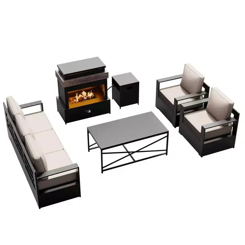 Ensemble d'extérieur 5 pièces UPTIOT : canapé 3 places, 2 chaises, foyer et table basse avec tissu oléfine imperméable pour patio/arrière-cour