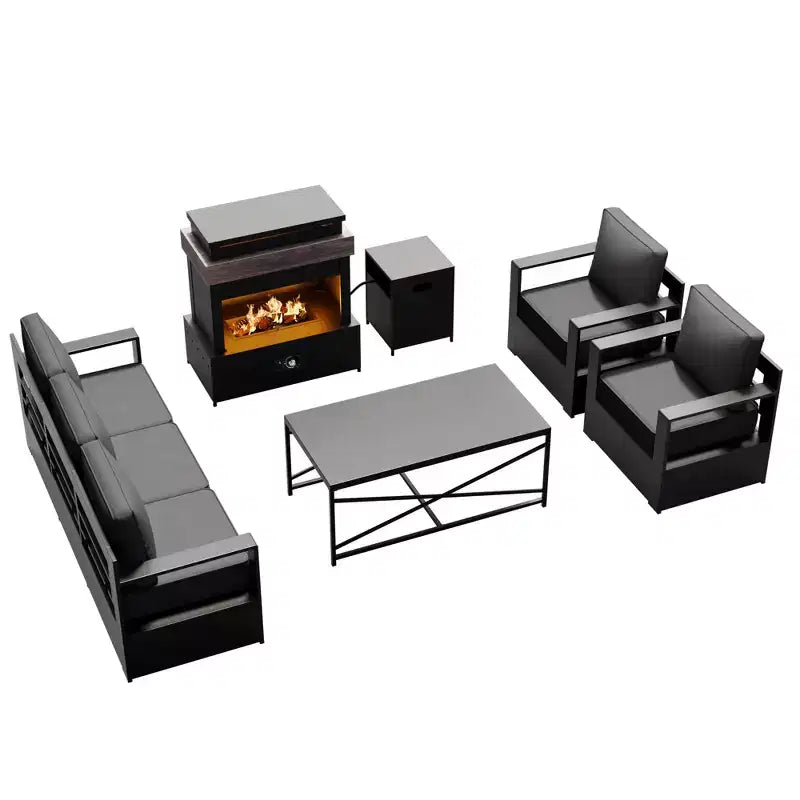 Ensemble d'extérieur 5 pièces UPTIOT : canapé 3 places, 2 chaises, foyer et table basse avec tissu oléfine imperméable pour patio/arrière-cour