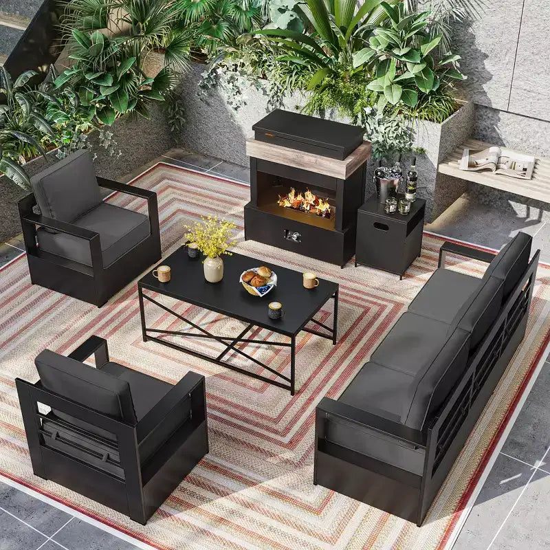 Ensemble d'extérieur 5 pièces UPTIOT : canapé 3 places, 2 chaises, foyer et table basse avec tissu oléfine imperméable pour patio/arrière-cour