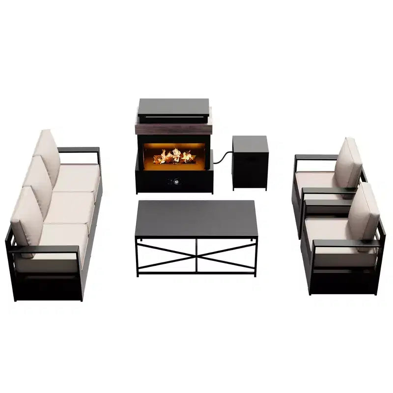 Ensemble d'extérieur 5 pièces UPTIOT : canapé 3 places, 2 chaises, foyer et table basse avec tissu oléfine imperméable pour patio/arrière-cour
