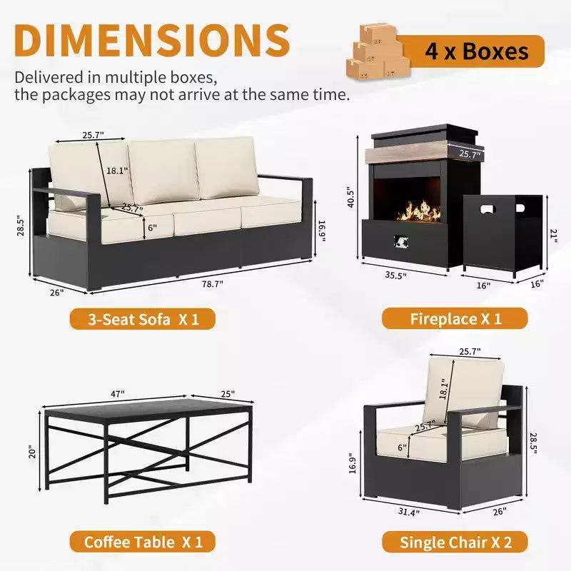 Ensemble d'extérieur 5 pièces UPTIOT : canapé 3 places, 2 chaises, foyer et table basse avec tissu oléfine imperméable pour patio/arrière-cour