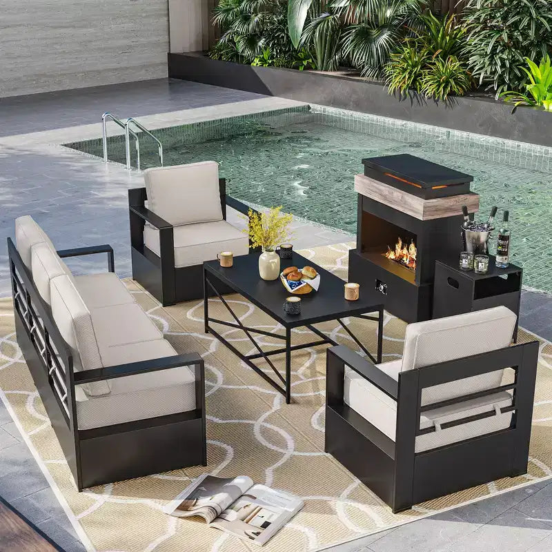 Ensemble d'extérieur 5 pièces UPTIOT : canapé 3 places, 2 chaises, foyer et table basse avec tissu oléfine imperméable pour patio/arrière-cour